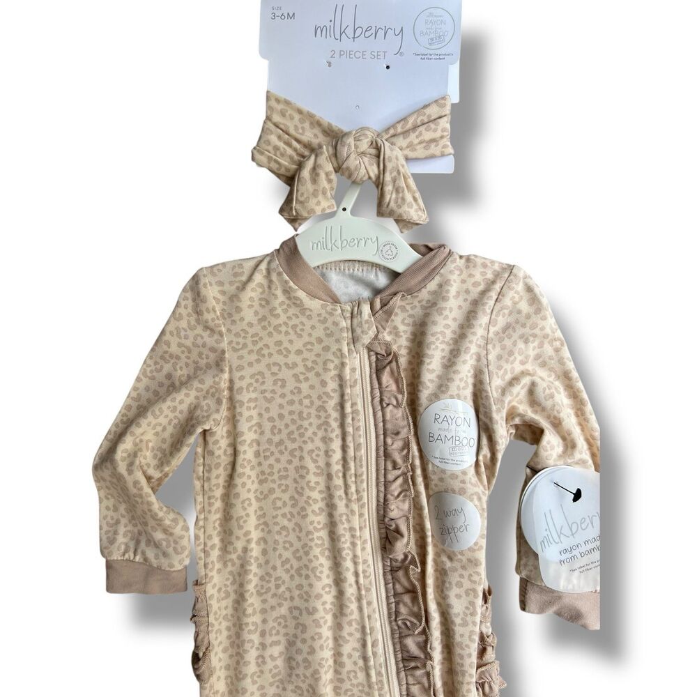 Neutral Beige Leopard Baby Ruffle Zipper Onesie + Bow Headband Size 3-6M